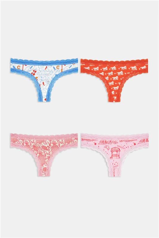 The Roller Rabbit Globe Trotter Thong 4 Pack features four women's lace trim thongs in blue, red, pink, and light pink, each with playful patterns and prints, displayed in two rows on a light background.