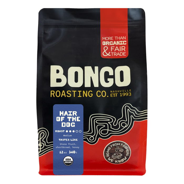 Bongo Roasting Co. coffee bag with black, red, and blue design on a white background