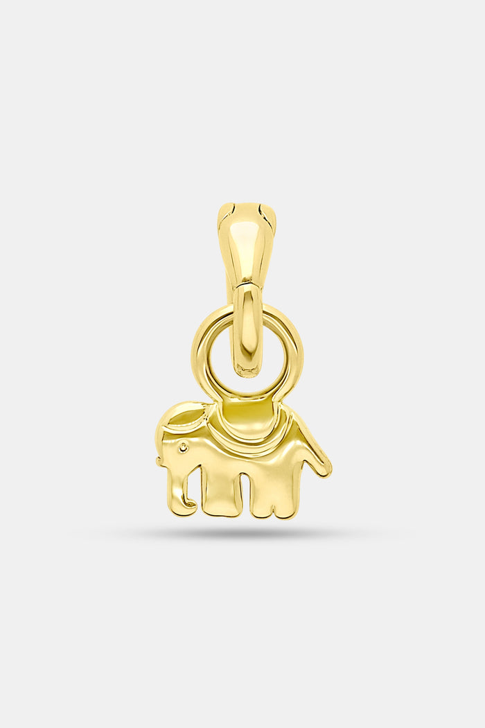 The Roller Rabbit Hathi Charm is a small, shiny 14K gold elephant-shaped pendant with a loop for attaching to a charm bar or chain, displayed on a plain white background.