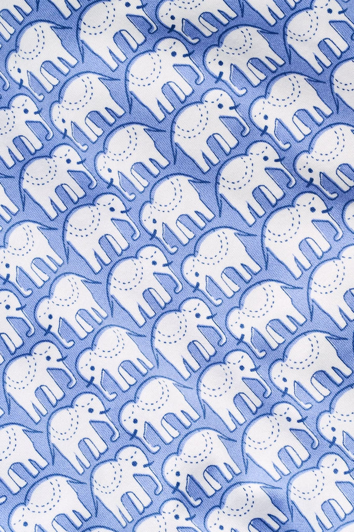 A man stands barefoot in Roller Rabbit's Mens Hathi Spencer Pajamas, a blue and white long-sleeve set with a small pattern and buttoned collar, made from 100 Pima Cotton, against a plain white background.
