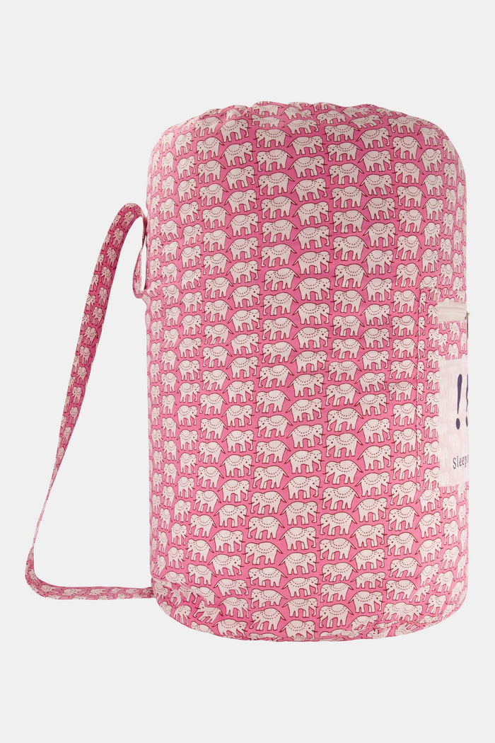 The Roller Rabbit Hathi Sleepover Bag is a pink and white kids’ sleeping bag with an elephant print, a front zipper pocket, and a purple “!! Sleepover” patch.