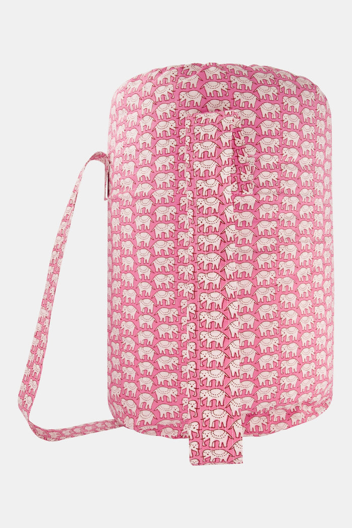 The Roller Rabbit Hathi Sleepover Bag is a pink and white kids’ sleeping bag with an elephant print, a front zipper pocket, and a purple “!! Sleepover” patch.