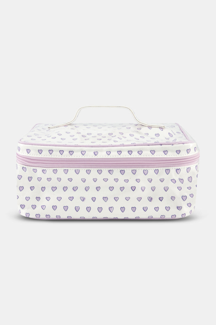 The Roller Rabbit Hearts Carry All Case is a rectangular, white, water-resistant zippered pouch with a handle and small purple and lavender hearts—a stylish travel companion.