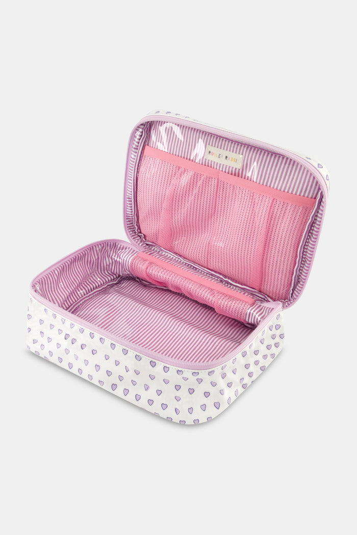 The Roller Rabbit Hearts Carry All Case is a rectangular, white, water-resistant zippered pouch with a handle and small purple and lavender hearts—a stylish travel companion.