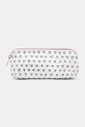 The Roller Rabbit Hearts Makeup Bag is a water-resistant canvas pouch with a white base, light purple zipper, and an allover print of small purple-outlined hearts.