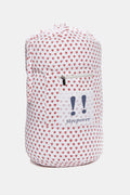 The Roller Rabbit Hearts Sleepover Bag is a large white bag with red heart pattern, front zipper pocket, and blue exclamation marks above "sleepover" on the pocket—ideal for kids’ overnight adventures.