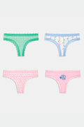 The Roller Rabbit Icons Thong 4 Pack includes lace-trimmed women’s cotton thongs in green, light blue with hearts, pale pink with hearts, and pale pink with a blue butterfly design.