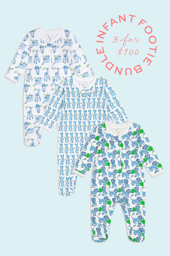 Three Roller Rabbit Infant Footie pajamas in blue and white animal prints are displayed on a light blue background. A circular label features “INFANT FOOTIE BUNDLE 3 for $100.” Ideal for easy outfitting.