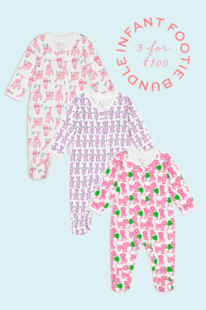 Three Roller Rabbit Infant Footie pajamas in blue and white animal prints are displayed on a light blue background. A circular label features “INFANT FOOTIE BUNDLE 3 for $100.” Ideal for easy outfitting.