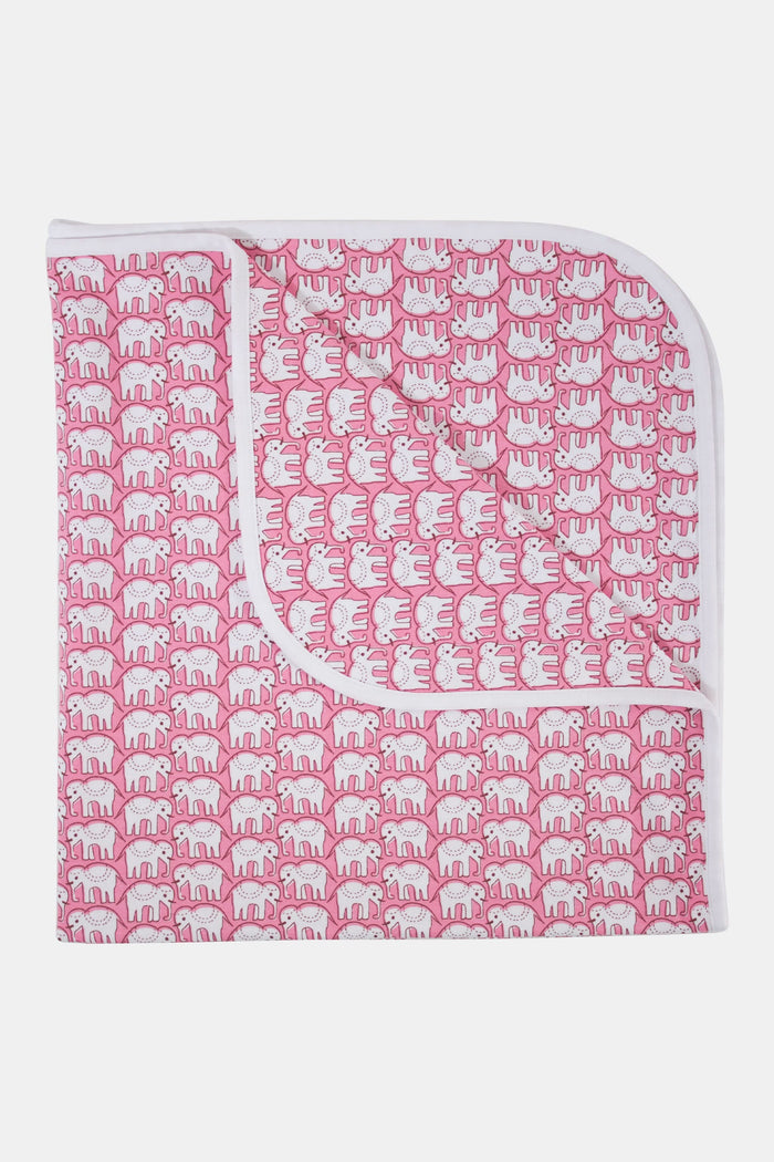 The Roller Rabbit Infant Hathi Receiving Blanket features a pink and white elephant pattern, white trim, and is crafted from premium cotton. Neatly folded to display both sides.