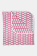 The Roller Rabbit Infant Hathi Receiving Blanket features a pink and white elephant pattern, white trim, and is crafted from premium cotton. Neatly folded to display both sides.