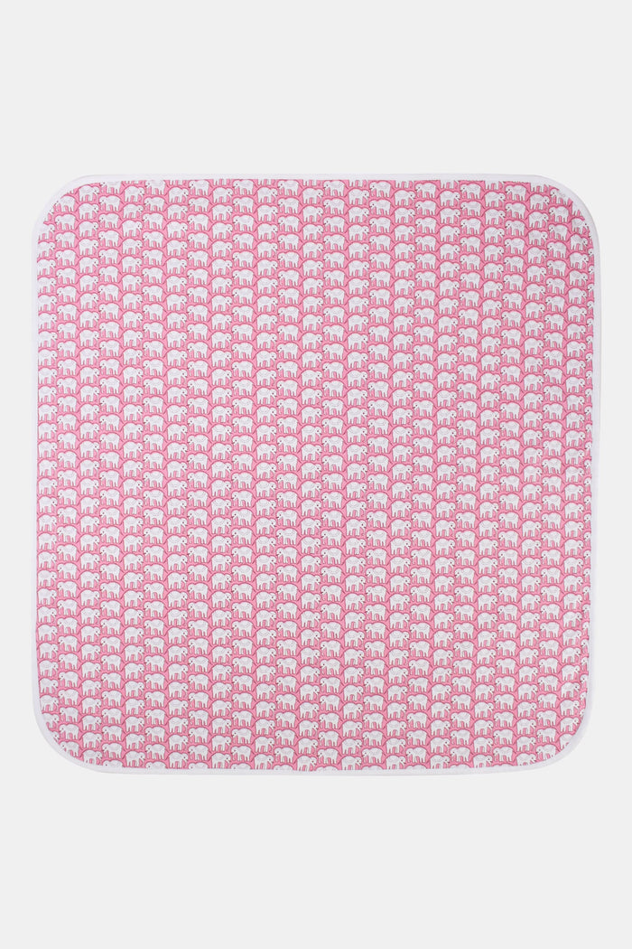 The Roller Rabbit Infant Hathi Receiving Blanket features a pink and white elephant pattern, white trim, and is crafted from premium cotton. Neatly folded to display both sides.