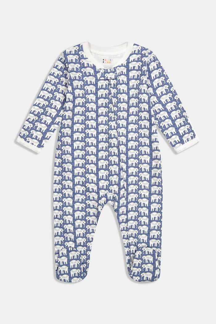 The Roller Rabbit Infant Hathi Zipper Footie features a Hathi the Elephant print on blue with white trim, long sleeves, and cozy footed design.