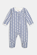 The Roller Rabbit Infant Hathi Zipper Footie features a Hathi the Elephant print on blue with white trim, long sleeves, and cozy footed design.