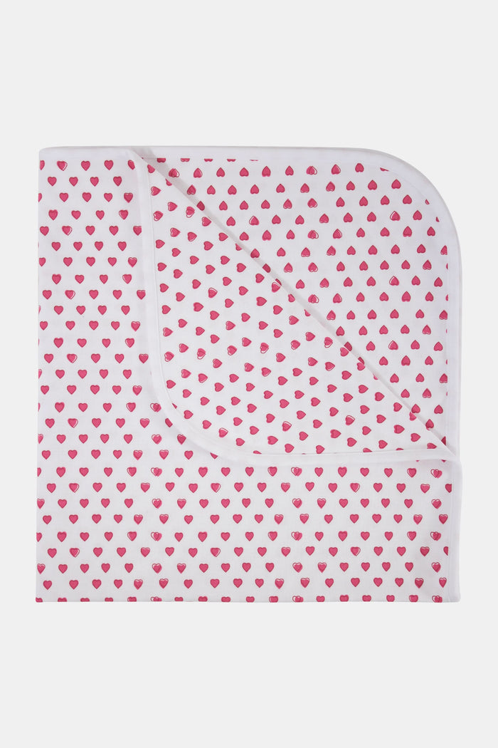 The Roller Rabbit Infant Hearts Receiving Blanket features a white background with small pink hearts, rounded corners, and is partially folded to show both sides.