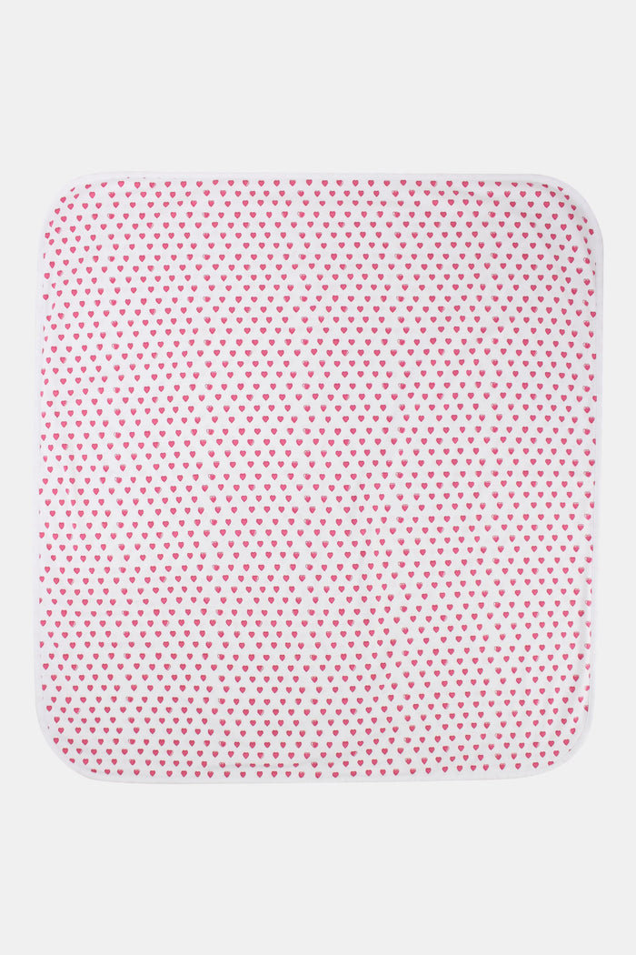 The Roller Rabbit Infant Hearts Receiving Blanket features a white background with small pink hearts, rounded corners, and is partially folded to show both sides.