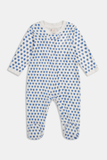 The Roller Rabbit Infant Hearts Zipper Footie is a white 100 cotton baby pajama with long sleeves, covered feet, and an all-over small blue hearts print, featuring a front zipper for easy dressing.