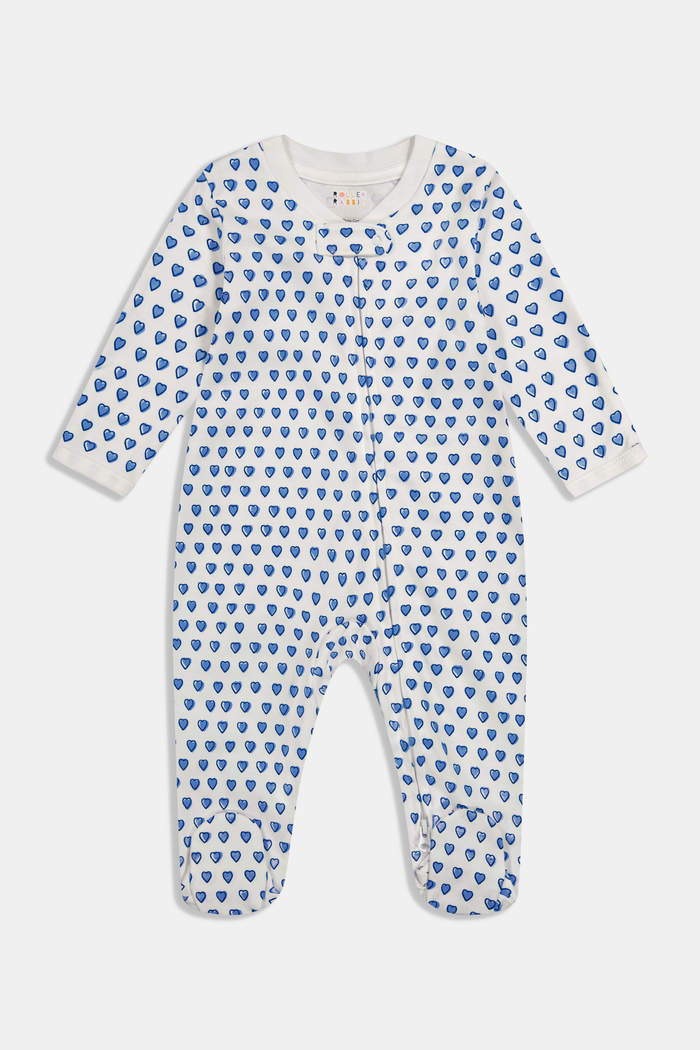 The Roller Rabbit Infant Hearts Zipper Footie is a white 100 cotton baby pajama with long sleeves, covered feet, and an all-over small blue hearts print, featuring a front zipper for easy dressing.