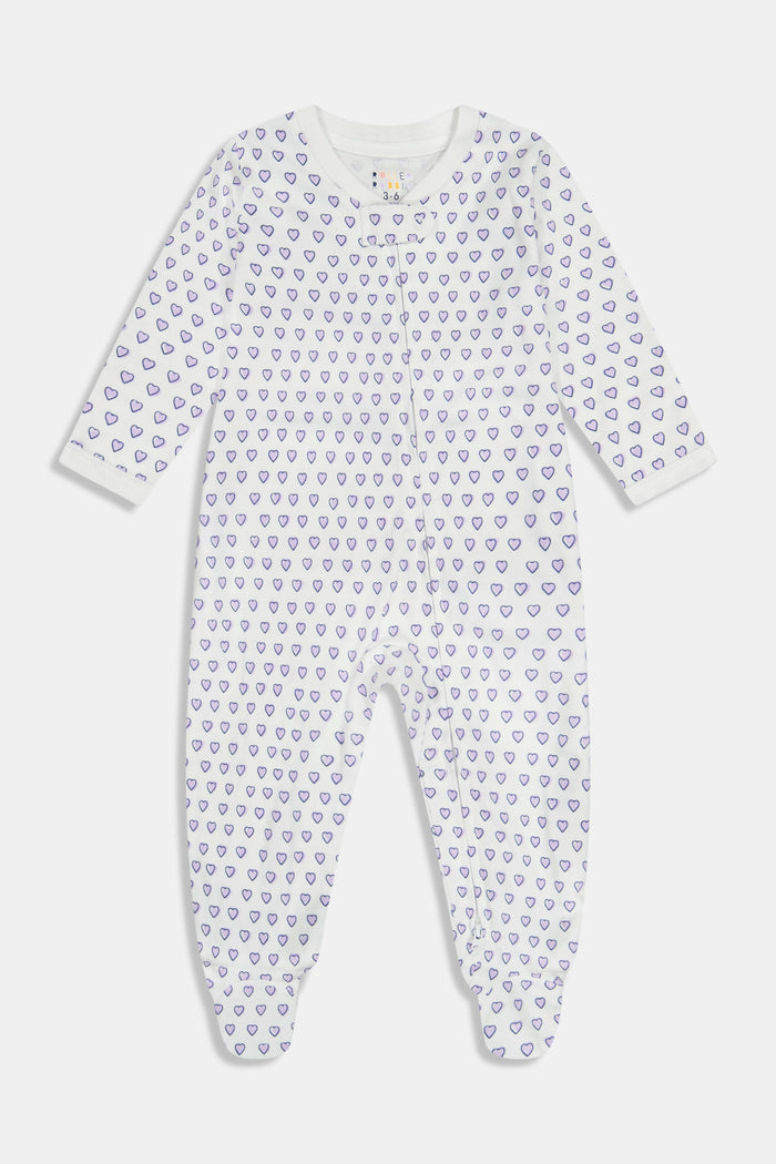 The Roller Rabbit Infant Hearts Zipper Footie is a white, 100 Pima cotton baby sleeper with long sleeves, footed legs, an all-over purple heart pattern, and a front zipper for easy changes.