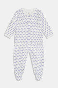 The Roller Rabbit Infant Hearts Zipper Footie is a white, 100 Pima cotton baby sleeper with long sleeves, footed legs, an all-over purple heart pattern, and a front zipper for easy changes.