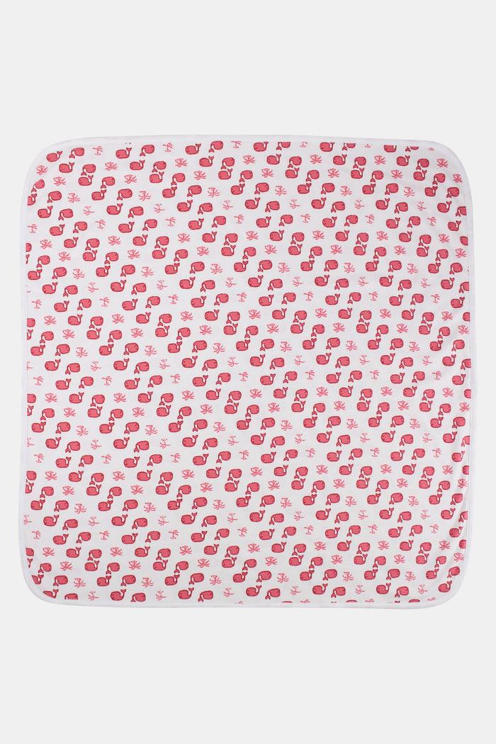 The Roller Rabbit Infant Moby Receiving Blanket features a pink whale and coral pattern on premium white cotton, shown neatly folded to display both the front and underside.