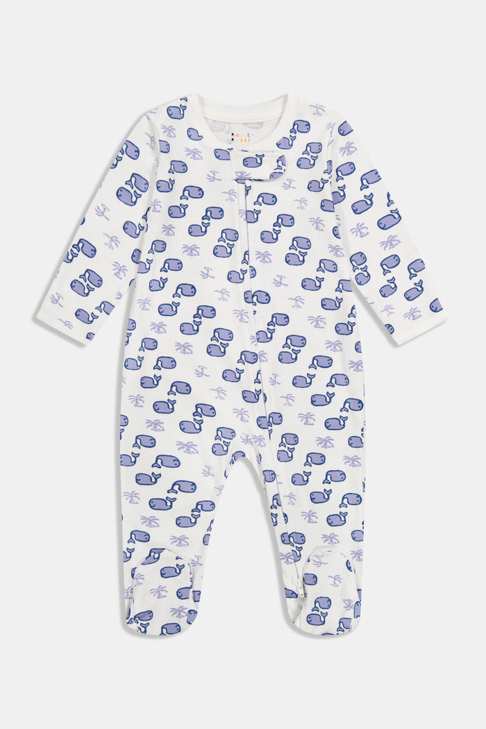 The Roller Rabbit Infant Moby Zipper Footie is a white, long-sleeve, footed pajama with blue sunglasses and palm trees, crafted from 100 Pima Cotton and features a front zipper from neck to leg.