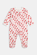 The Roller Rabbit Infant Moby Zipper Footie is a white, long-sleeve, 100 Pima cotton onesie with covered feet. It features a red Santa Claus and palm tree pattern and a front zipper from neck to foot.