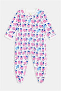 The Roller Rabbit Infant Sammy The Sheep Zipper Footie is a long-sleeve, full-leg sleeper with a two-way zipper and features a white background with pink and blue cats, paisley designs, and made from soft Pima cotton.