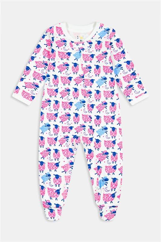 The Roller Rabbit Infant Sammy The Sheep Zipper Footie is a long-sleeve, full-leg sleeper with a two-way zipper and features a white background with pink and blue cats, paisley designs, and made from soft Pima cotton.