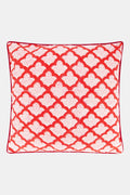 The Jemina Decorative Pillow by Roller Rabbit features a red and white scallop pattern with floral accents, red piping, and is crafted from 100 cotton on a plain white background.