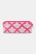 The Jemina Makeup Bag by Roller Rabbit features a rectangular shape, pink and white floral cotton canvas, and a pink zipper, displayed on a plain white background.