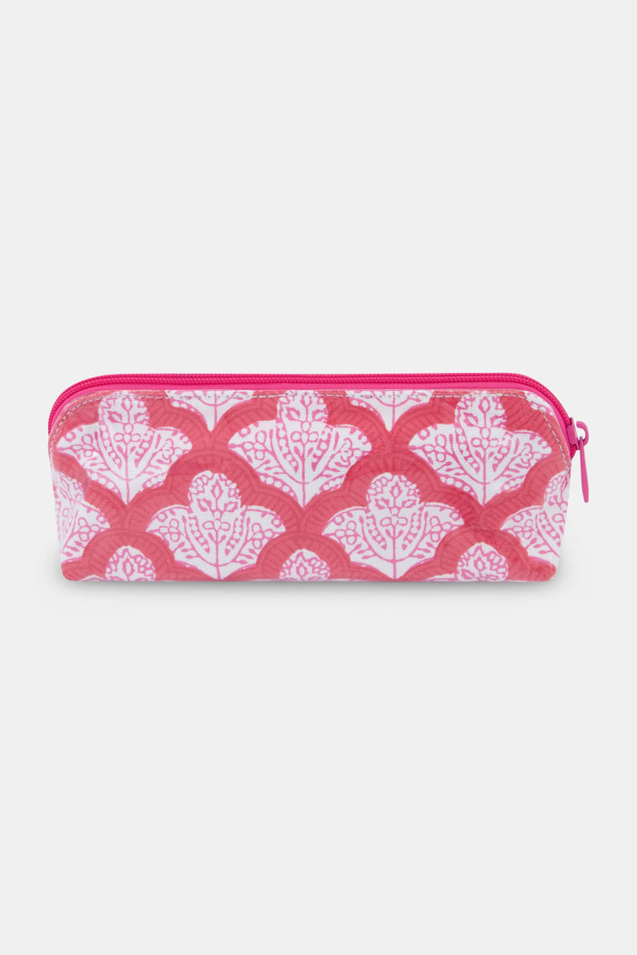 The Jemina Makeup Bag by Roller Rabbit features a rectangular shape, pink and white floral cotton canvas, and a pink zipper, displayed on a plain white background.
