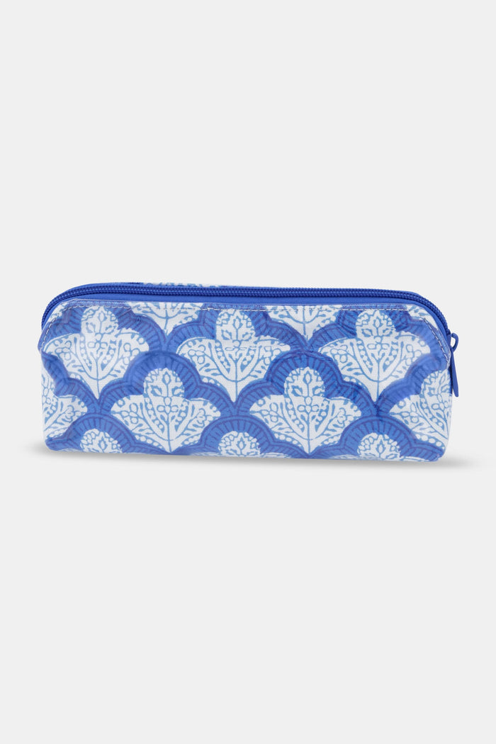 The Jemina Makeup Bag by Roller Rabbit is a rectangular cotton canvas bag with a blue zipper and a repeating blue and white floral pattern on a white background.