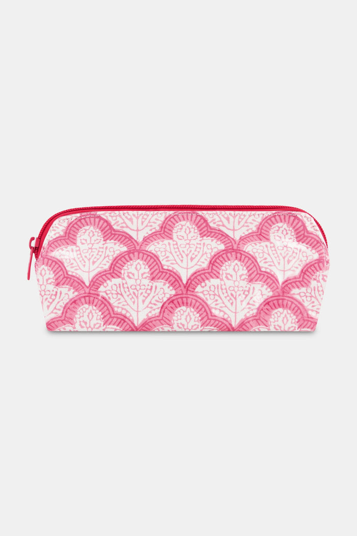 The Jemina Makeup Bag by Roller Rabbit is a pink and white zippered cosmetic organizer with a repeating floral pattern, a curved top, and a red zipper, shown against a plain white background.
