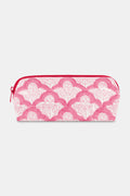 The Jemina Makeup Bag by Roller Rabbit is a pink and white zippered cosmetic organizer with a repeating floral pattern, a curved top, and a red zipper, shown against a plain white background.