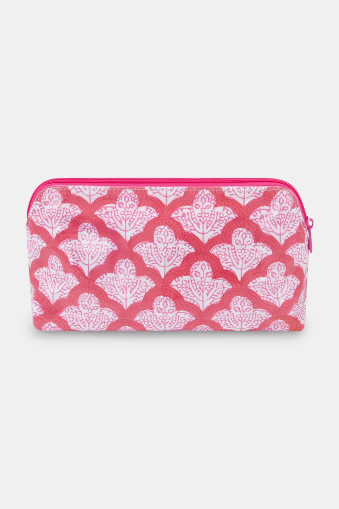 The Jemina Makeup Bag by Roller Rabbit features a rectangular shape, pink and white floral cotton canvas, and a pink zipper, displayed on a plain white background.