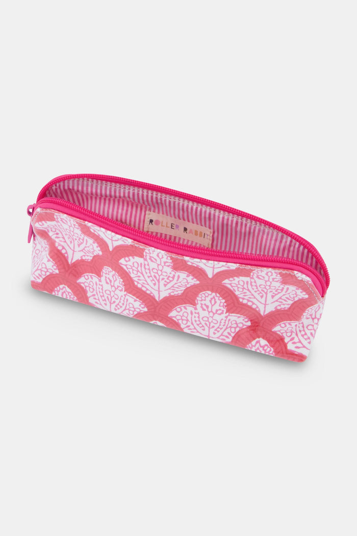 The Jemina Makeup Bag by Roller Rabbit features a rectangular shape, pink and white floral cotton canvas, and a pink zipper, displayed on a plain white background.