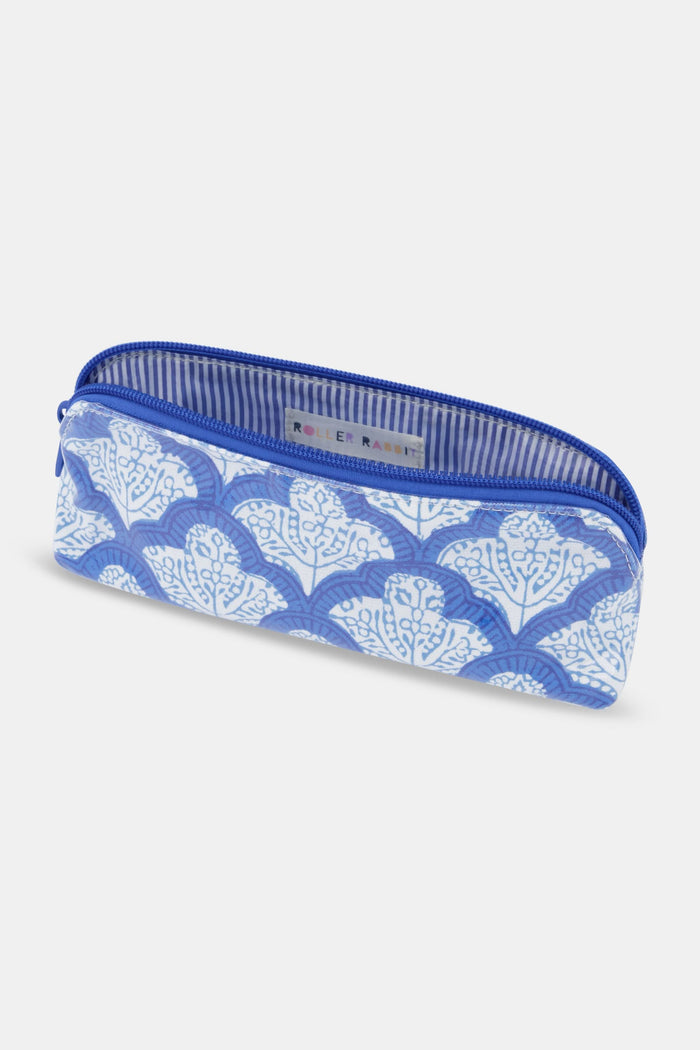The Jemina Makeup Bag by Roller Rabbit is a rectangular cotton canvas bag with a blue zipper and a repeating blue and white floral pattern on a white background.