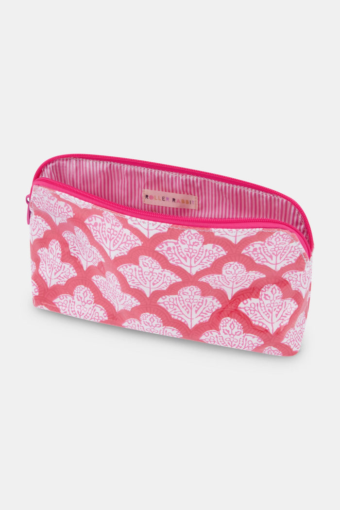 The Jemina Makeup Bag by Roller Rabbit features a rectangular shape, pink and white floral cotton canvas, and a pink zipper, displayed on a plain white background.