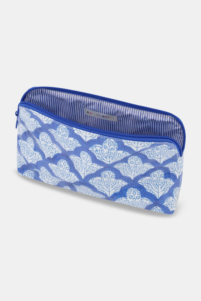 The Jemina Makeup Bag by Roller Rabbit is a rectangular cotton canvas bag with a blue zipper and a repeating blue and white floral pattern on a white background.