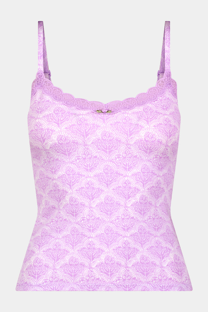 A woman models the Roller Rabbit Jemina Perry Cami and matching underwear, featuring delicate lace trim and a light floral pattern, shown from shoulders to hips against a plain background.