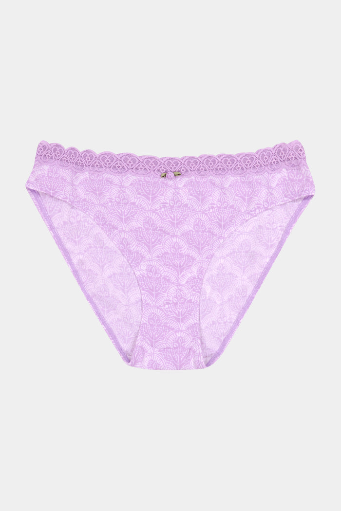 Model wears the Jemina Waverly Bikini by Roller Rabbit, a matching lavender set, shown from mid-torso to mid-thigh against a plain white background.