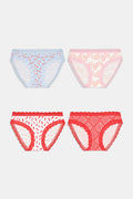 The Jet Set Bikini 4 Pack by Roller Rabbit includes four cotton-modal pairs with lace trim: blue with cherries, light pink with hearts, white with red chili peppers, and red with a geometric design.