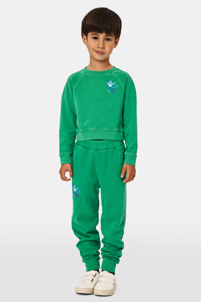 A young child faces forward in Roller Rabbit Kids Boston Monkey Sweatpants, paired with a matching green sweatshirt featuring playful graphics and white sneakers, set against a plain white background.