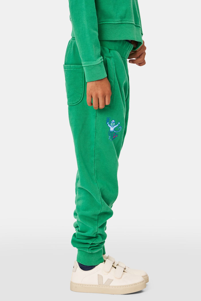 A young child faces forward in Roller Rabbit Kids Boston Monkey Sweatpants, paired with a matching green sweatshirt featuring playful graphics and white sneakers, set against a plain white background.