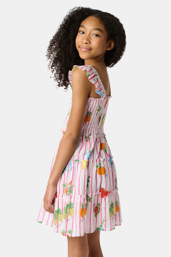 A young girl with straight brown hair wears the Roller Rabbit Kids Fruits D'Ete Ceri Dress, a pink and white smocked sundress with ruffled sleeves, and white sandals, standing and smiling against a light gray background.