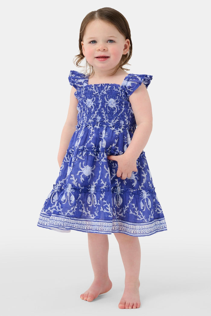 A young girl with straight brown hair smiles while wearing the Roller Rabbit Kids Lobster Trellis Ceri Dress, featuring a blue and white pattern with ruffled sleeves, against a plain white background.