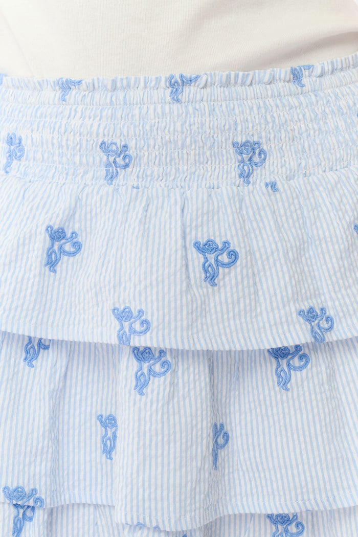 A person is shown from shoulders to upper legs wearing a white short-sleeve top and the Roller Rabbit Kids Mini Monkey Sami Skirt, a baby blue seersucker skirt with small embroidered monkeys.