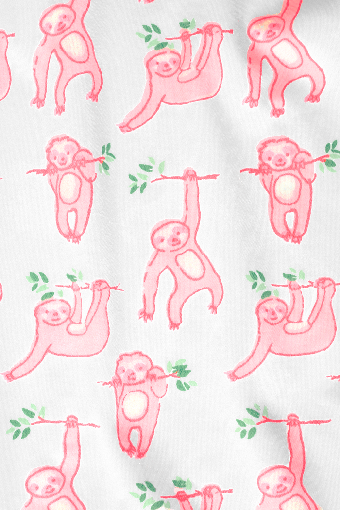 The Roller Rabbit Infant Sleepy Sloth Zipper Footie is a white long-sleeve, footed Pima cotton onesie with a pink sloth on green branches and a two-way zipper for easy changes, keeping your baby comfy and stylish.