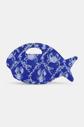 The Roller Rabbit Lobster Trellis Fish Purse is a blue purse with a handle, decorated with lighter blue lobster and coral patterns.